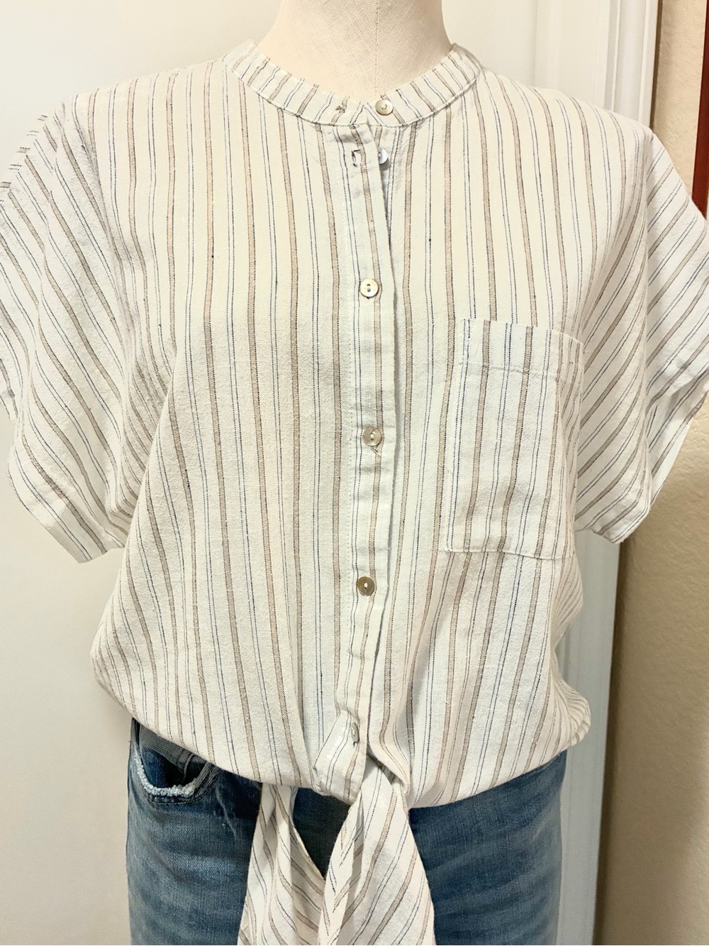 Lovestitch Cotton/Linen Button Shirt with Beige Stripes Sz M